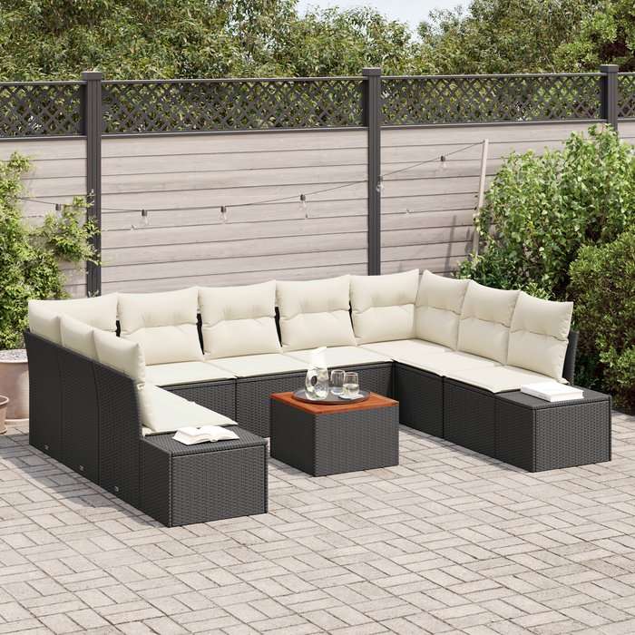 Set di Sofà da Giardino 10 Pezzi con Cuscini Nero Polyrattan Acacia