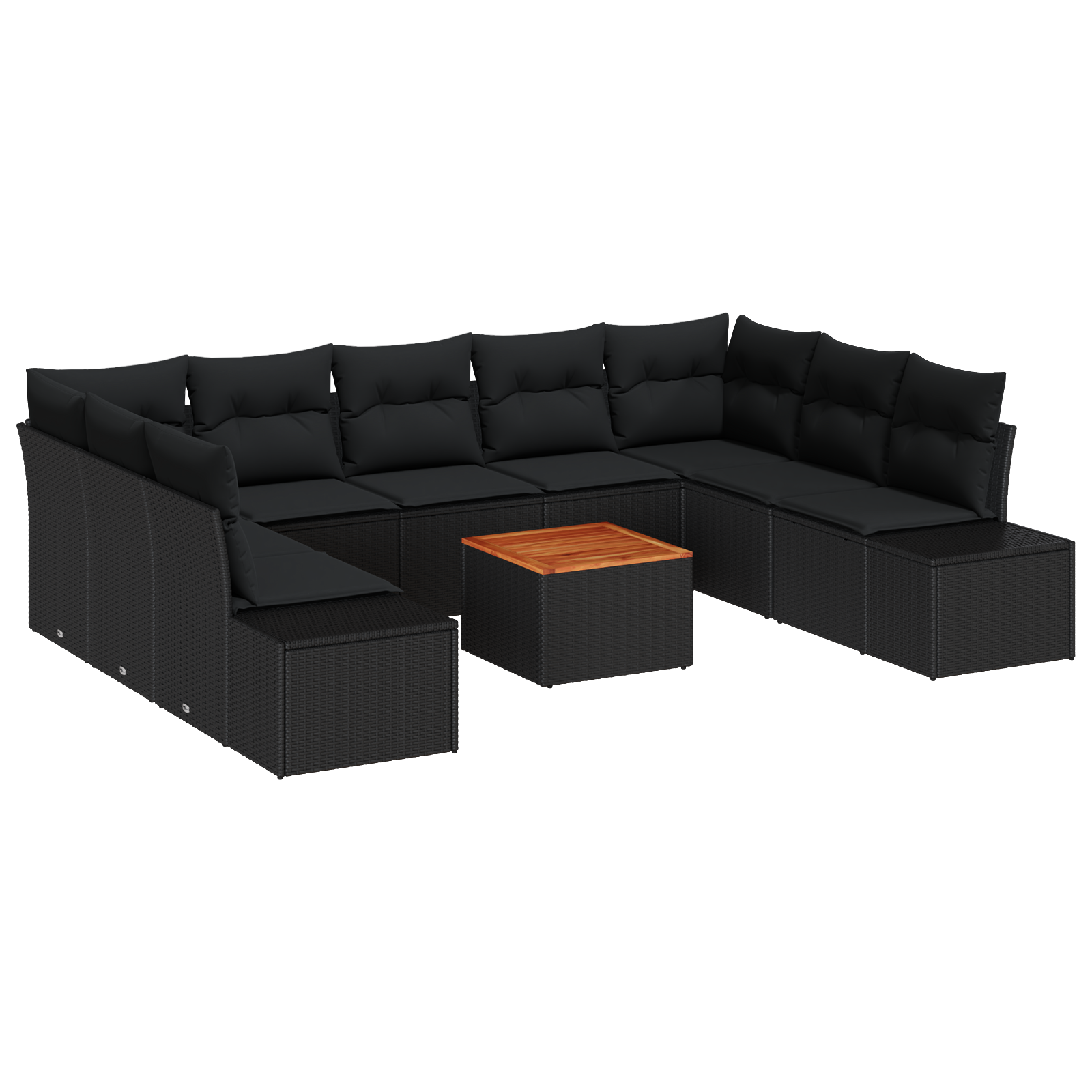 Set di Divani da Giardino da 10 Pezzi con Cuscini in Polyrattan Nero e Acacia