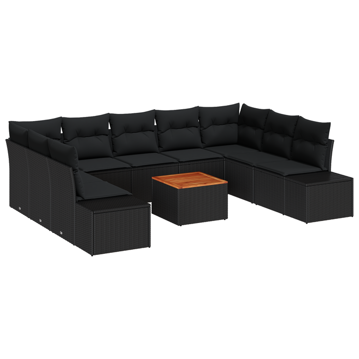 Set di Divani da Giardino da 10 Pezzi con Cuscini in Polyrattan Nero e Acacia