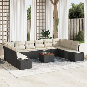 Set Divano da Giardino 11 Pezzi con Cuscini Nero Rattan Policombinato Acacia