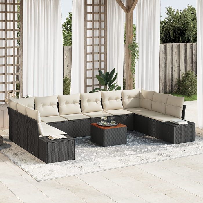 Set Divano da Giardino 11 Pezzi con Cuscini Nero Rattan Policombinato Acacia