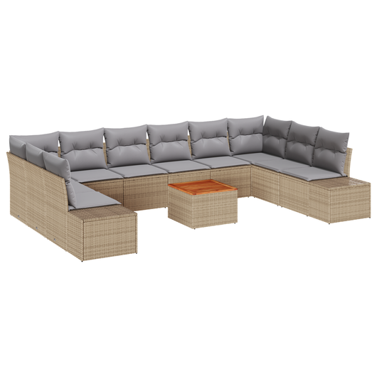 Set Divani da Giardino 11 Pezzi con Cuscini Beige Rattan Sintetico Acacia