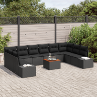 Set Divano da Giardino in 11 Pezzi con Cuscini Nero Poly Rattan Acacia