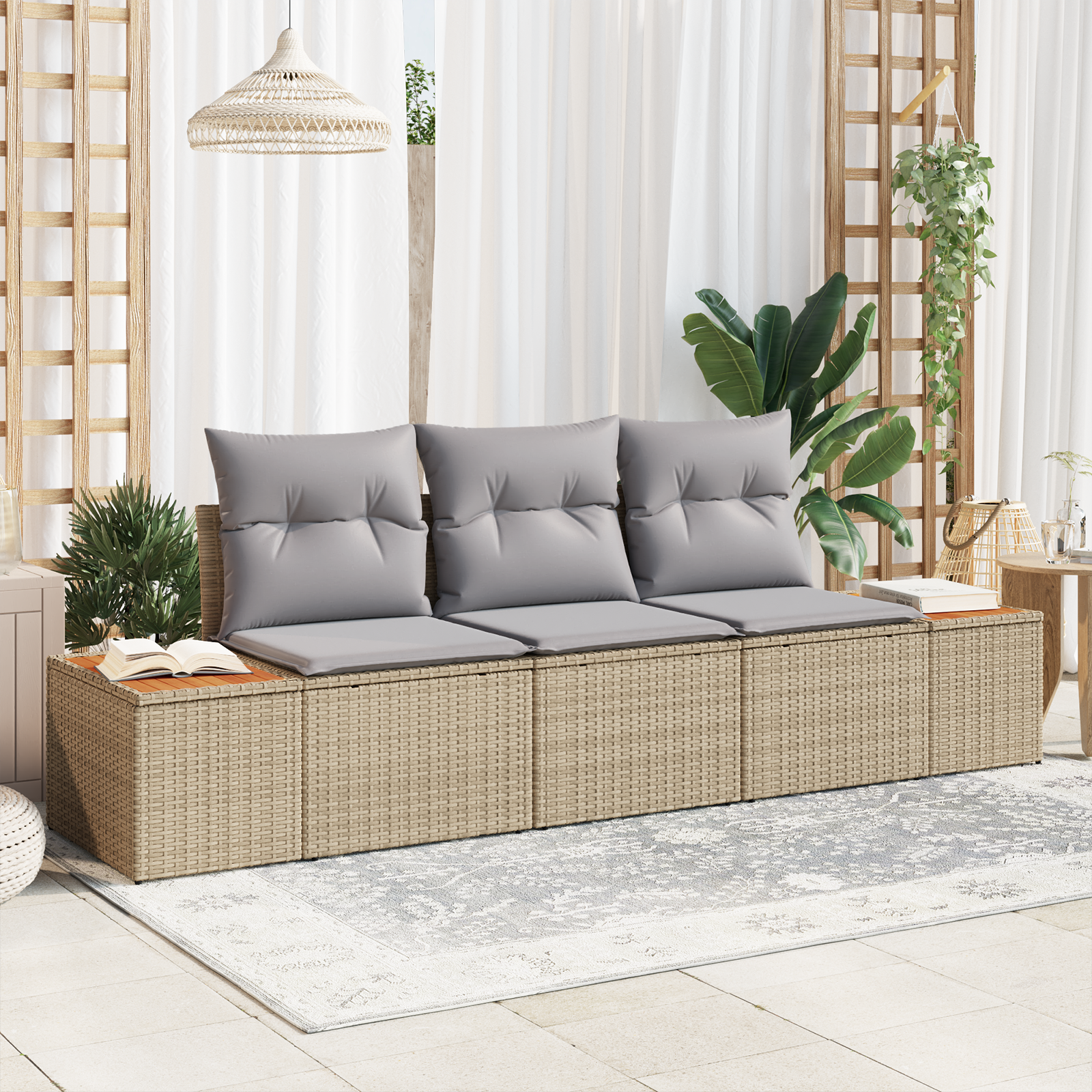Set di divani da giardino 3 pezzi con cuscini Beige Polirattan Acacia