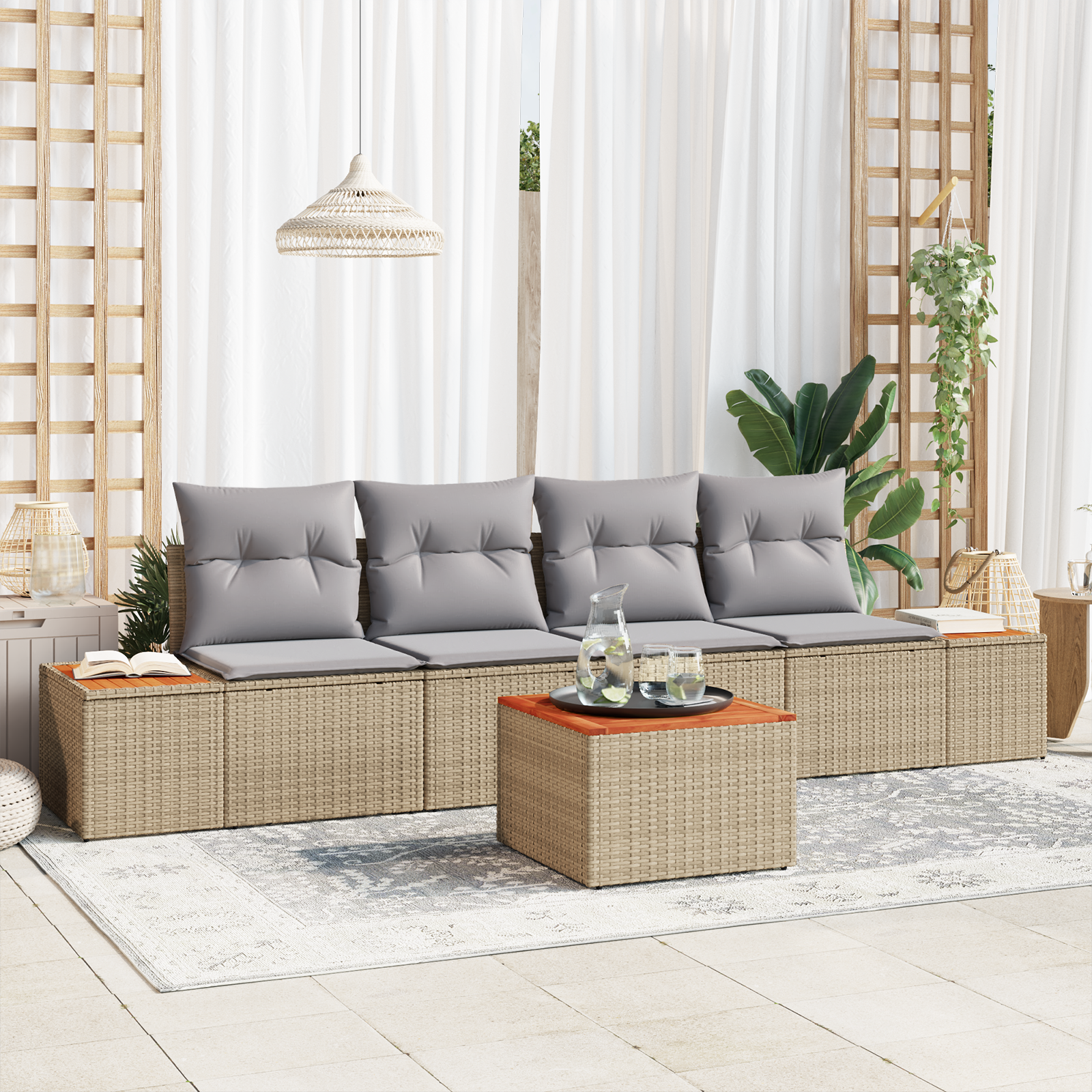Set Divano da Giardino  5 Pezzi con Cuscini Beige Polyrattan Acacia