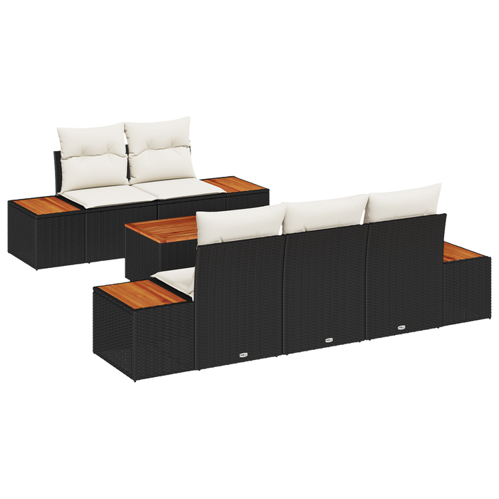 Set di Divani da Giardino a 6 Pezzi con Cuscini Nero Polyrattan Acacia