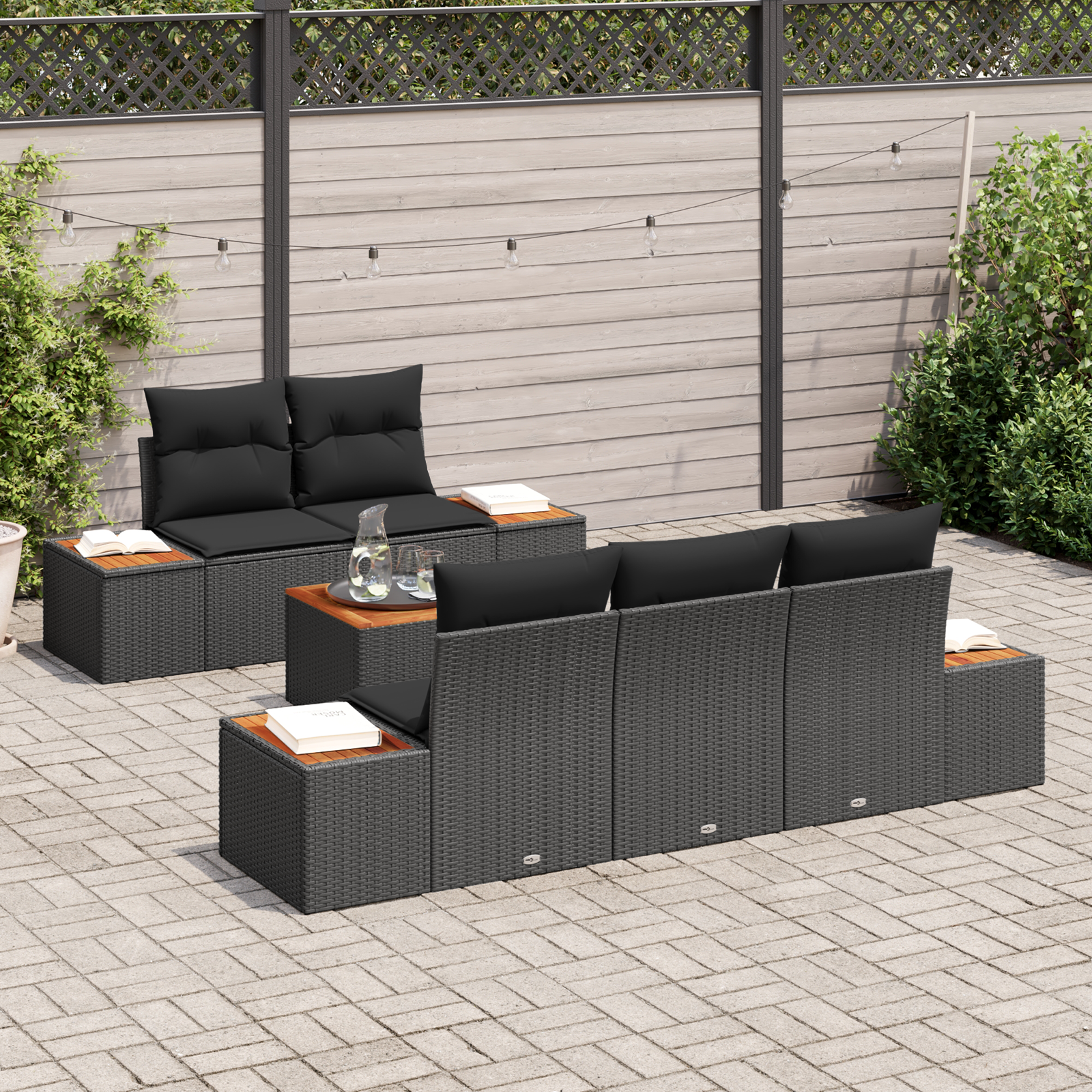 Set Divano da Giardino da 6 Pezzi con Cuscini Nero Polyrattan Acacia