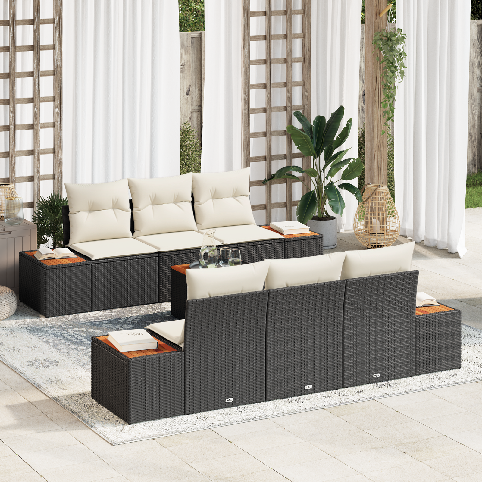 Set Divano da Giardino da 7 Pezzi con Cuscini Rattan Polimero Nero Acacia
