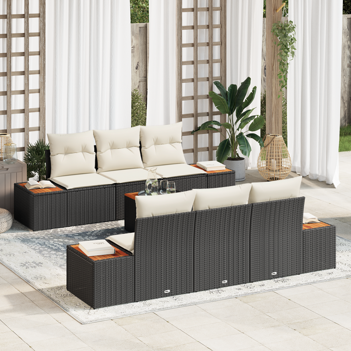 Set Divano da Giardino da 7 Pezzi con Cuscini Rattan Polimero Nero Acacia