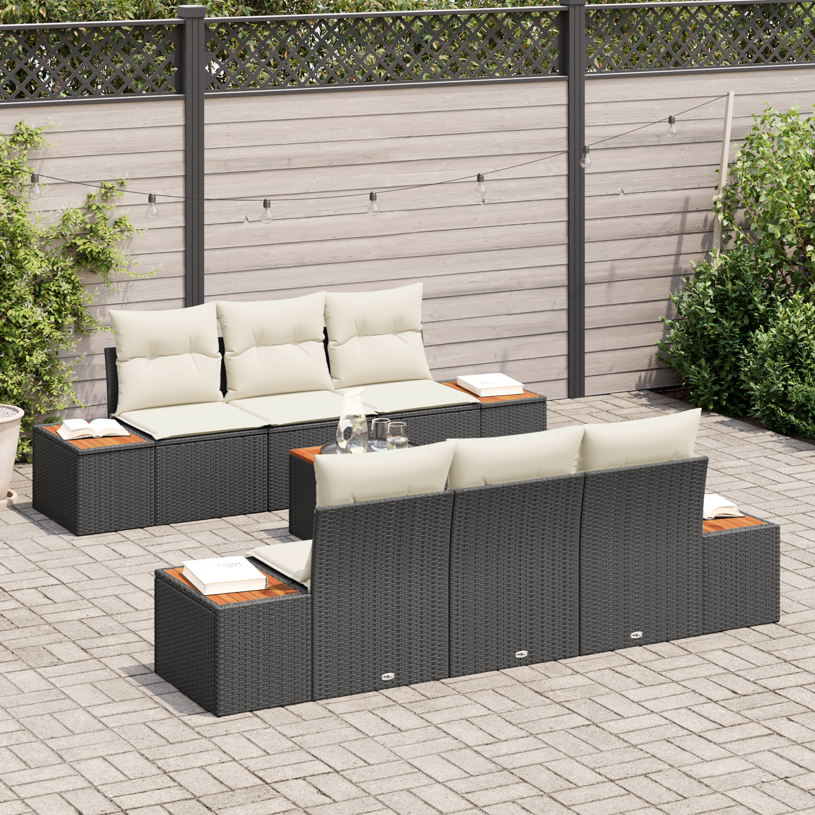 Set Divano da Giardino da 7 Pezzi con Cuscini Rattan Polimero Nero Acacia