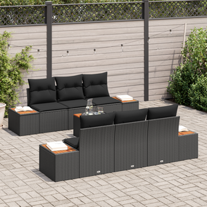 Set di Divani da Giardino  7 Pezzi con Cuscini Nero Rattan Polietilene Acacia