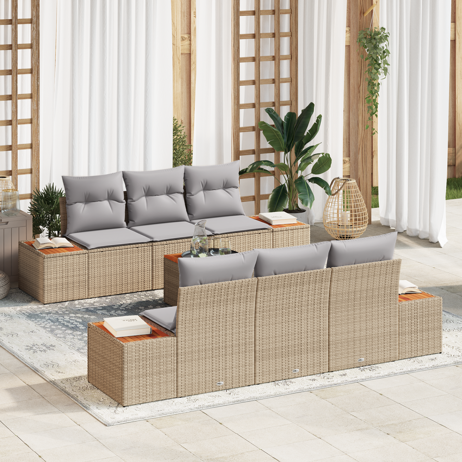 Set Divano da Giardino 7 Pezzi con Cuscini Beige Rattan Acacia