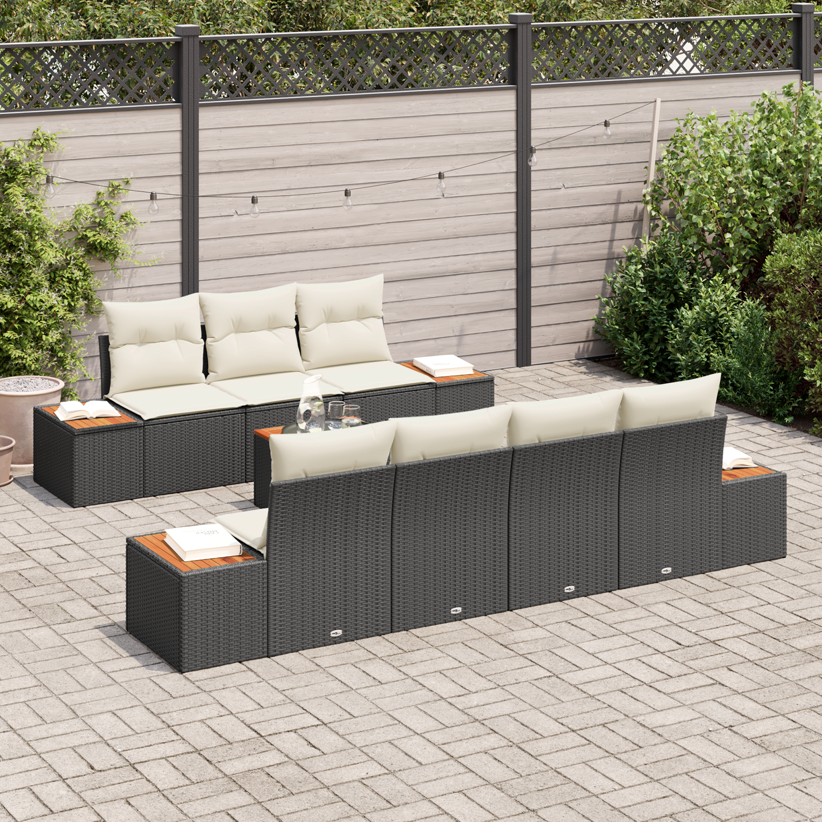 Set di 8 divani da giardino  con cuscini neri in polyrattan e acacia