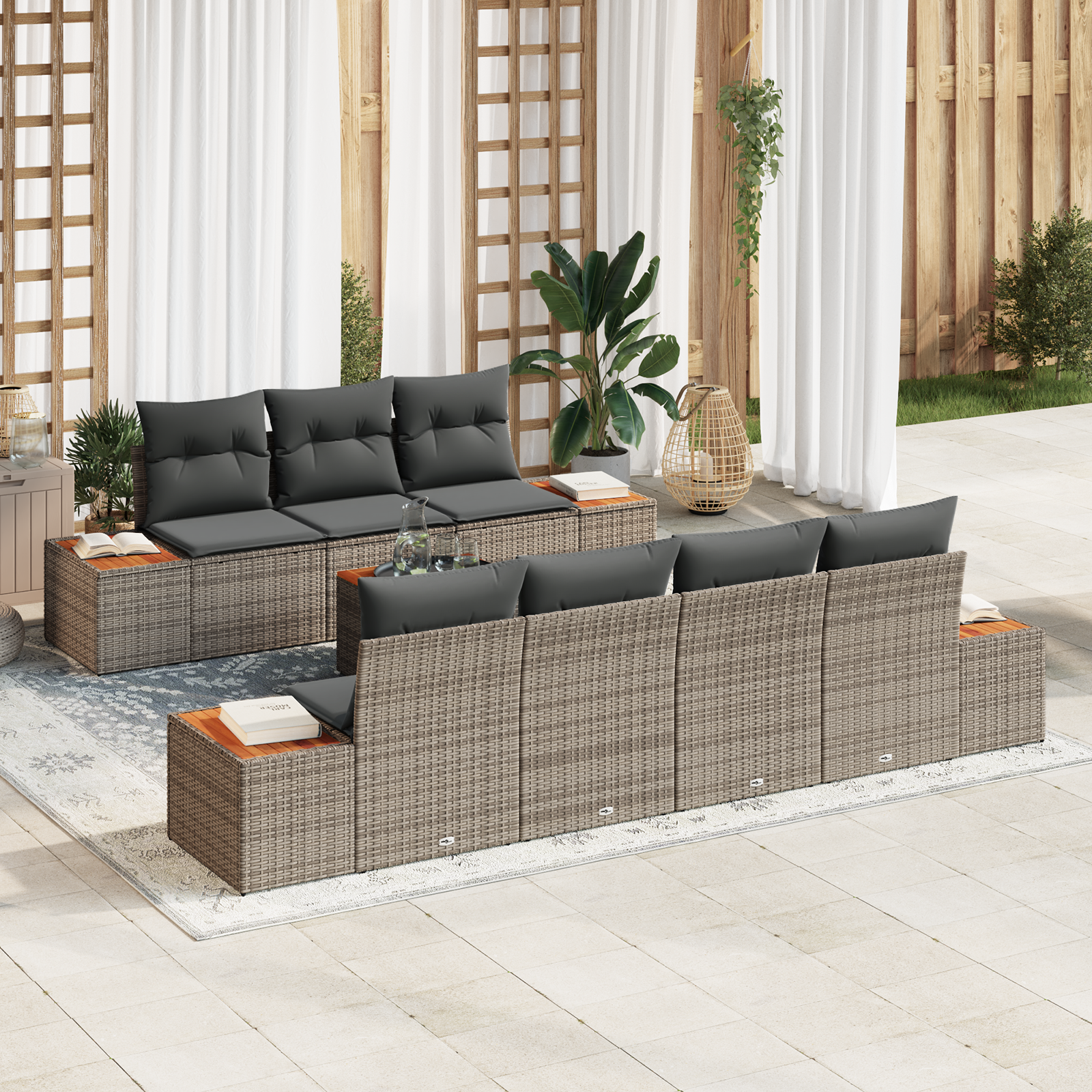 Set di Divani da Giardino 8 Pezzi con Cuscini Grigio Polyrattan Acacia
