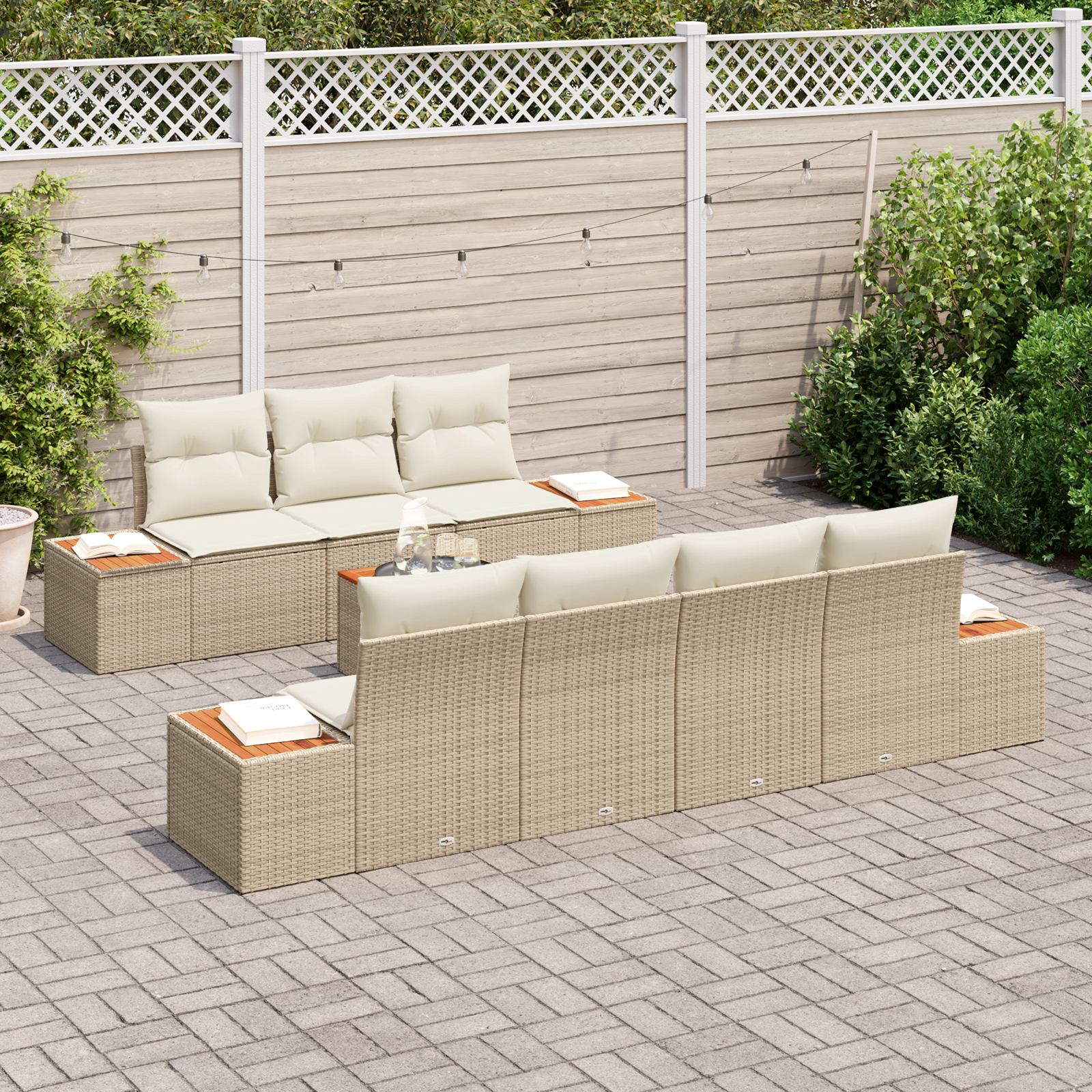 Set di Divani da Giardino a 8 Pezzi con Cuscini Beige Polyrattan Acacia
