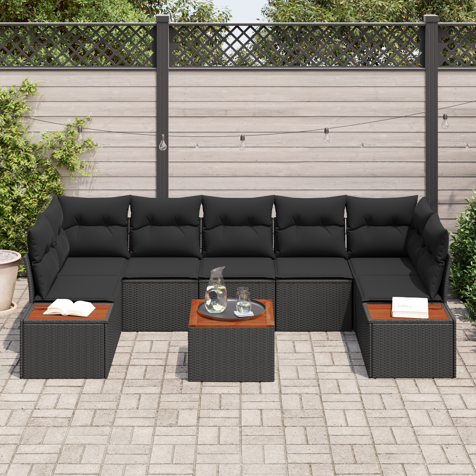 Set Divano da Giardino  8 Pezzi con Cuscini Rattan Nero Polirattan Acacia