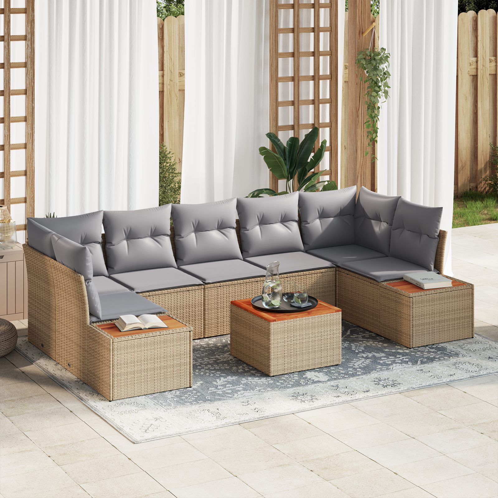 Set Divano Giardino 8 Pezzi con Cuscini Beige Rattan Poliestere Acacia