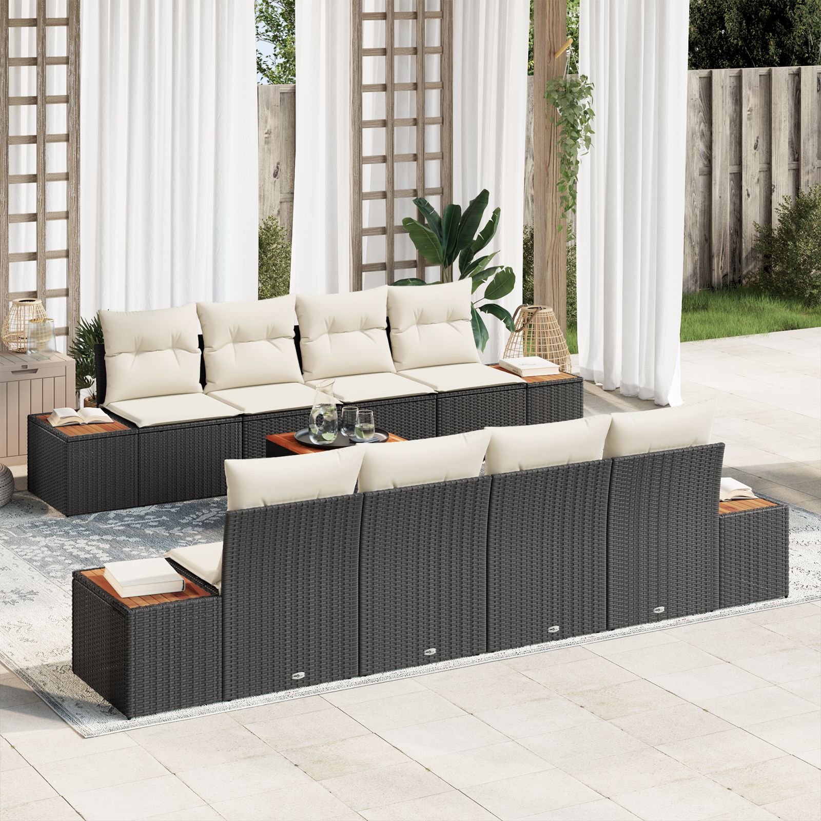 Set di Divani Giardino  9 Pezzi con Cuscini Rattan Sintetico Nero Acacia