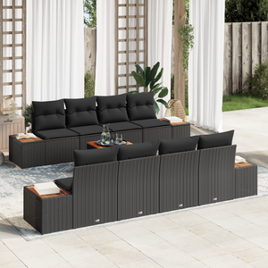 Set Divano Giardino 9 Pezzi con Cuscini Nero Polyrattan e Legno Acacia