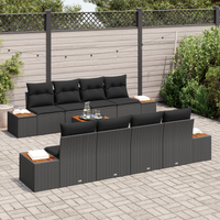 Set Divano Giardino 9 Pezzi con Cuscini Nero Polyrattan e Legno Acacia