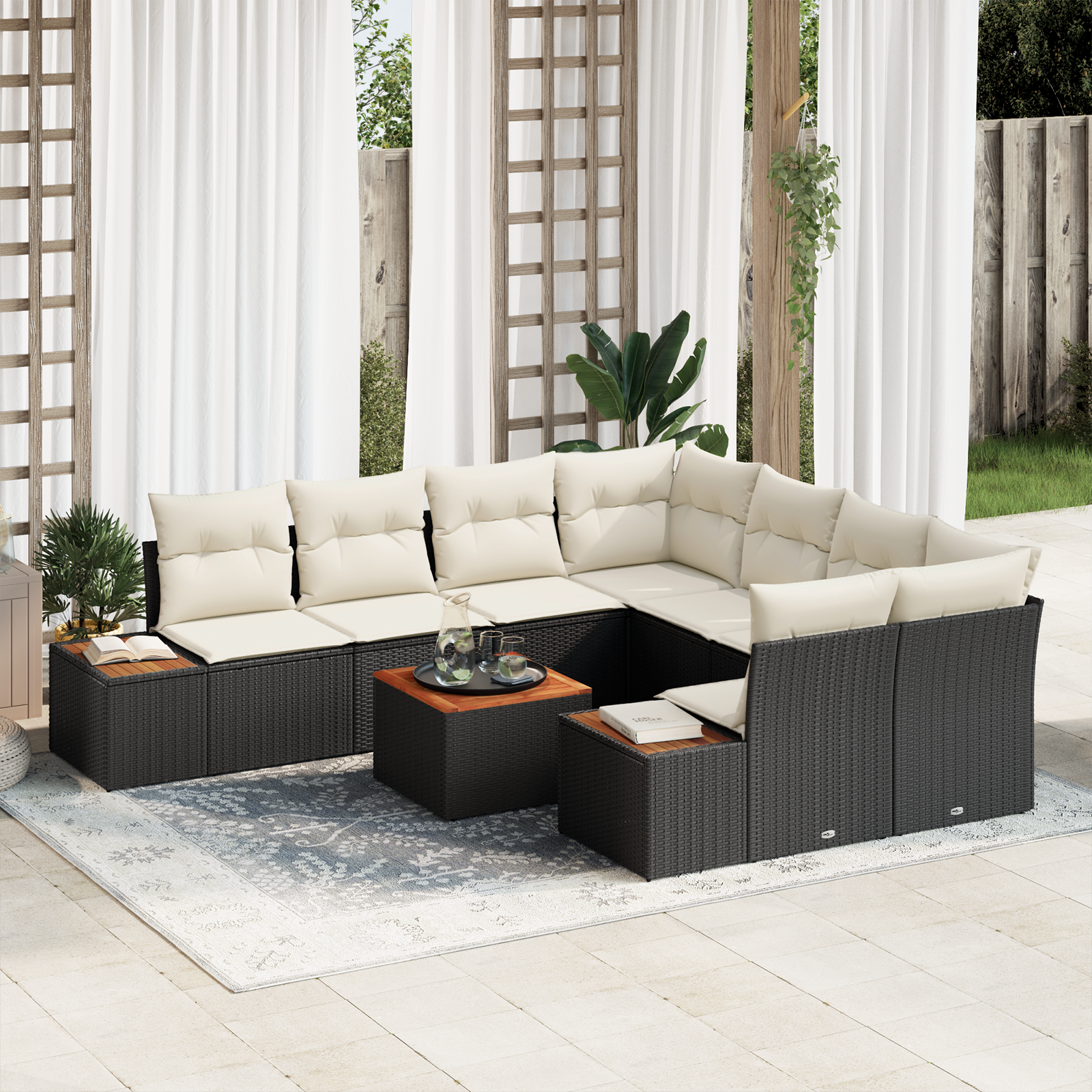 Set di Divani da Giardino  9 Pezzi con Cuscini Nero Rattan Sintetico Acacia