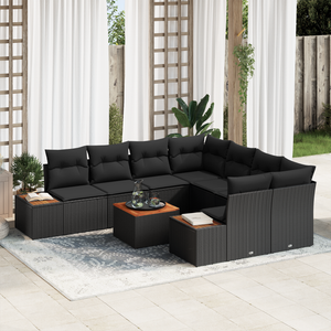 Set Divani Giardino  9 Pezzi con Cuscini Nero Rattan Sintetico Acacia