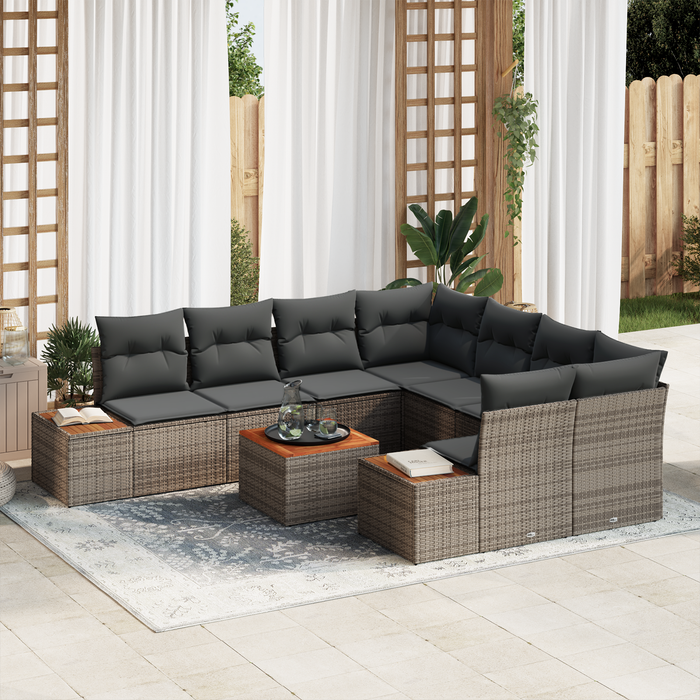 Set Divano da Giardino da 9 Pezzi con Cuscini Grigio Rattan Poliestere Acacia