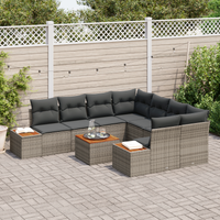 Set Divano da Giardino da 9 Pezzi con Cuscini Grigio Rattan Poliestere Acacia