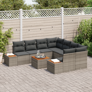 Set Divano da Giardino da 9 Pezzi con Cuscini Grigio Rattan Poliestere Acacia