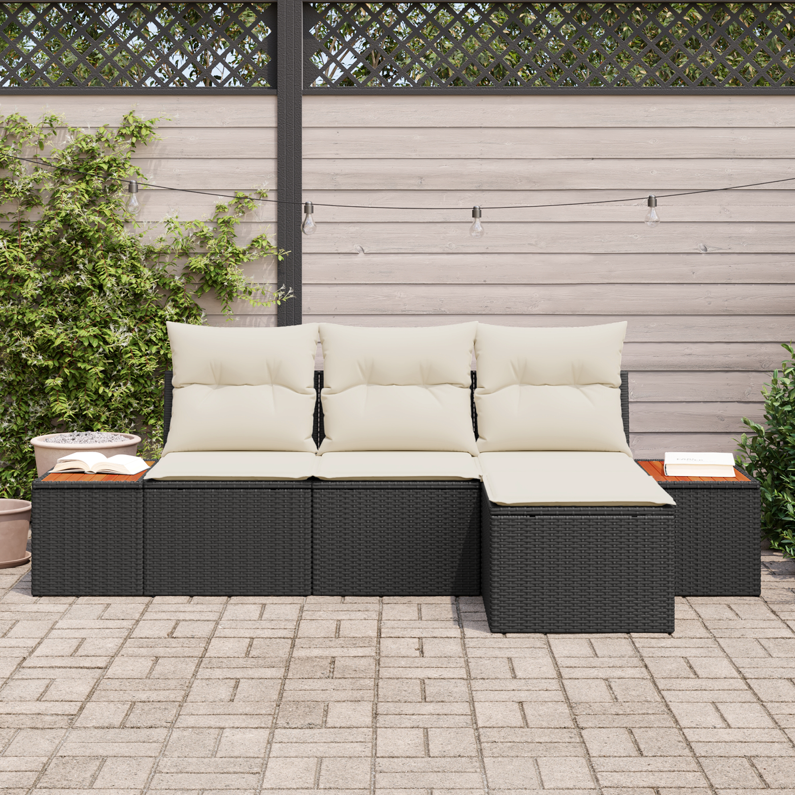 Set Divano da Giardino  4 Pezzi con Cuscini Rattan Polio Nero Acacia