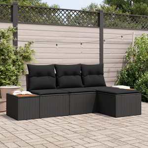 Set di Divani da Giardino in 4 Pezzi con Cuscini Nero Rattan Poliestere Acacia