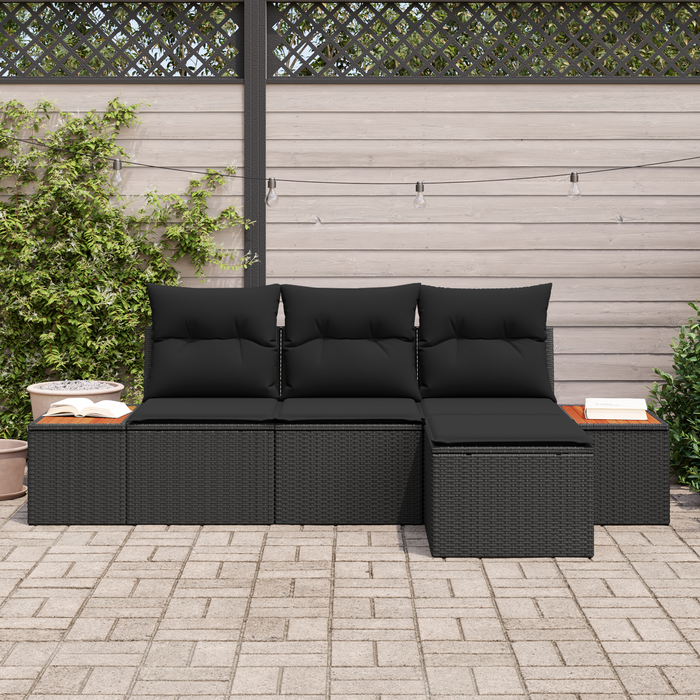 Set di Divani da Giardino in 4 Pezzi con Cuscini Nero Rattan Poliestere Acacia