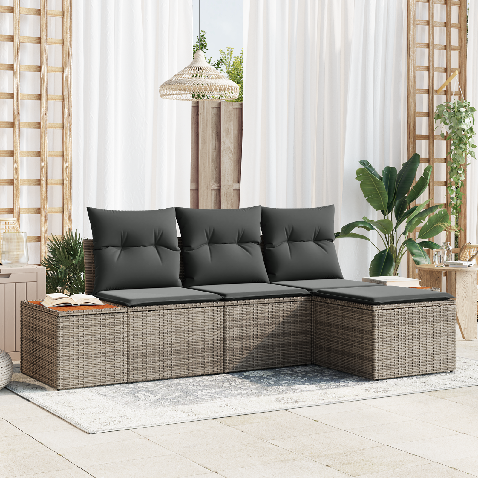 Set Divano Giardino a 4 Pezzi con Cuscini Grigio Polirattan Acacia