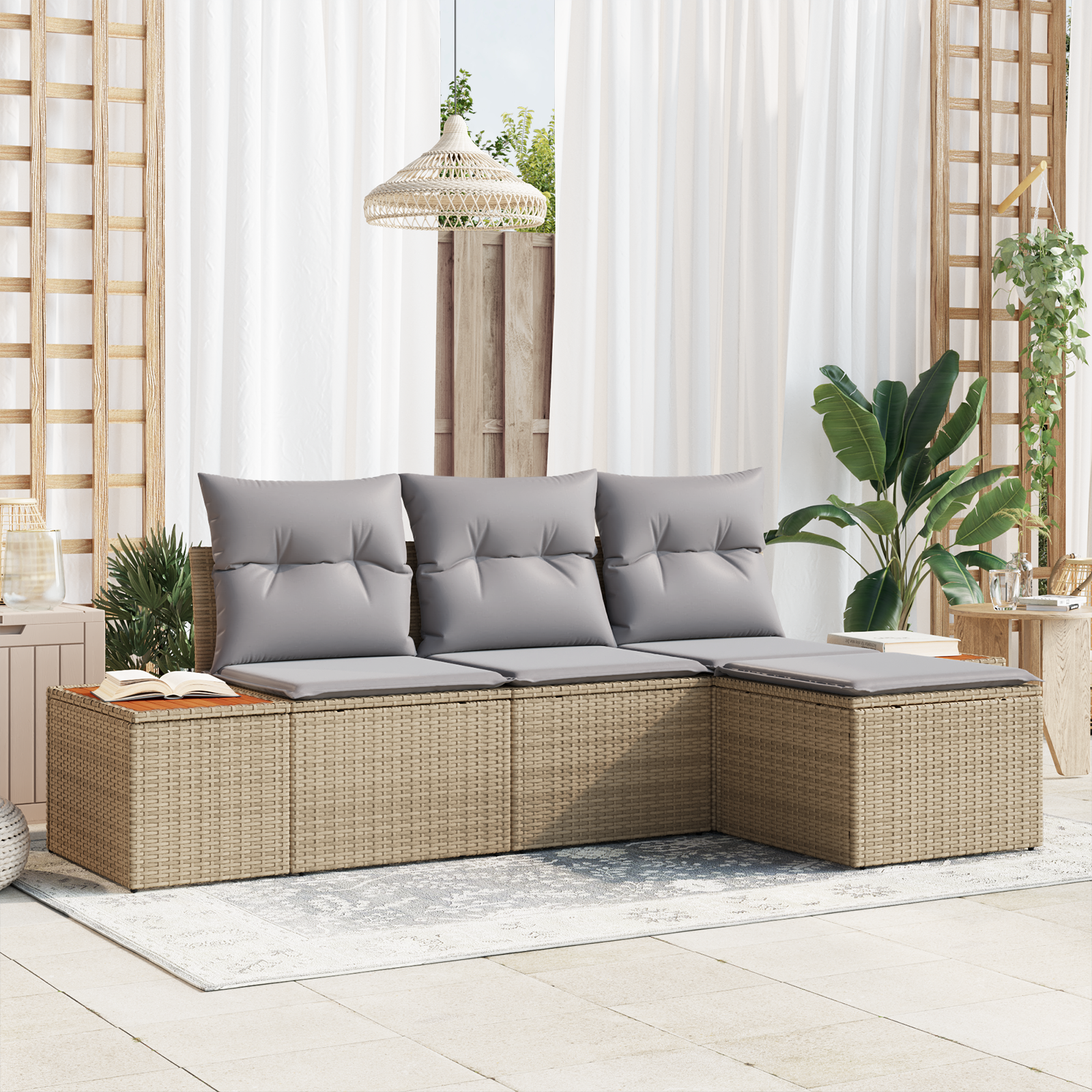Set di Divani da Giardino  4 Pezzi con Cuscini Beige Polyrattan Acacia
