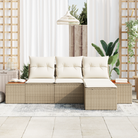 Set di divano da giardino a 4 pezzi con cuscini beige in polirattan e acacia