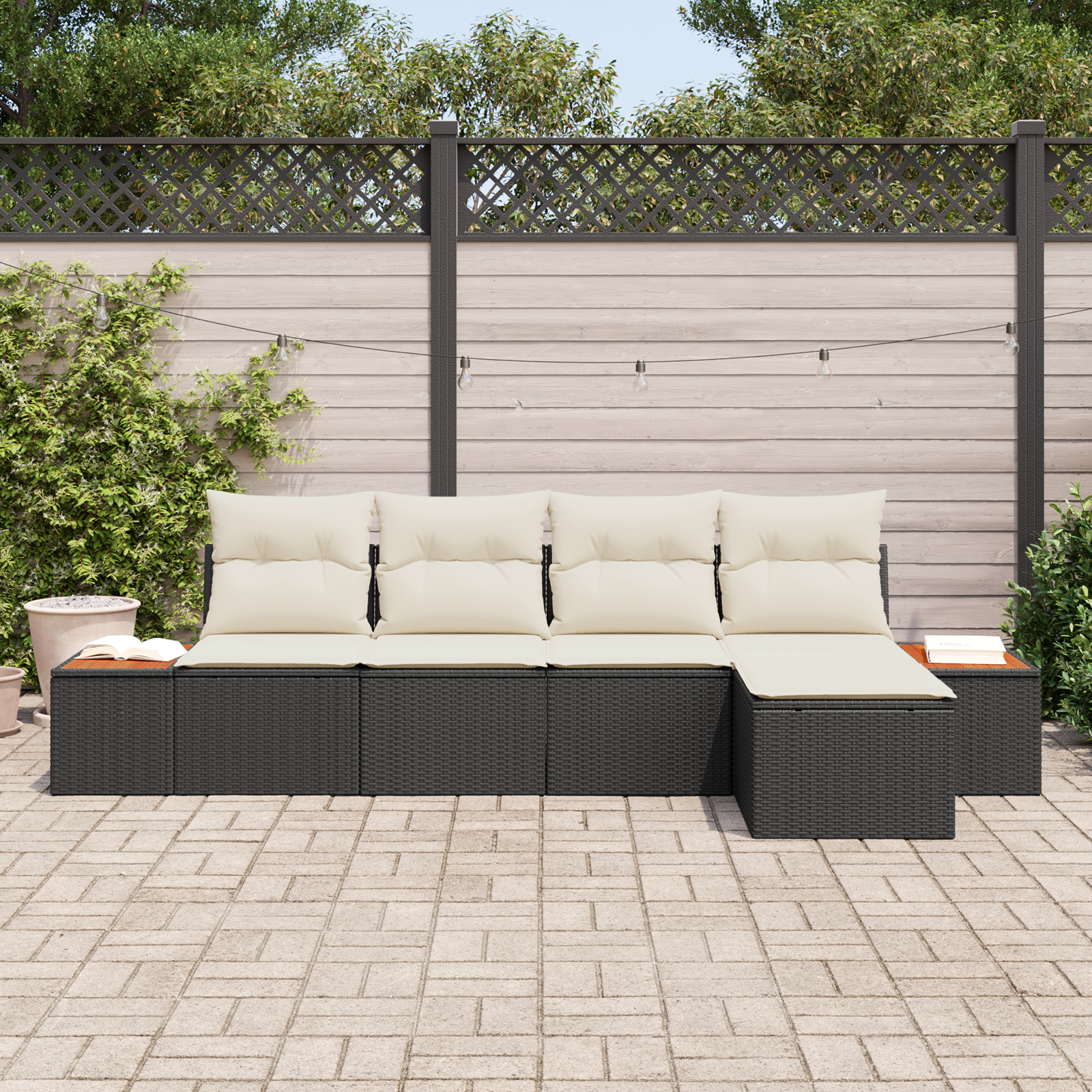 Set di divani da giardino  5 pezzi con cuscini in polyrattan nero e acacia