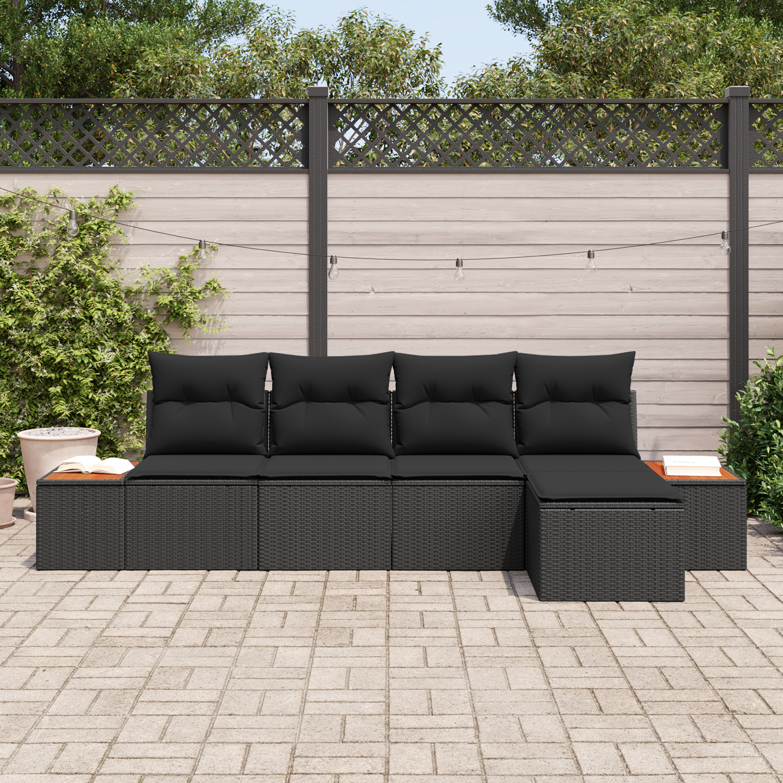 Set divani giardino  5 pezzi con cuscini Nero Polyrattan Acacia