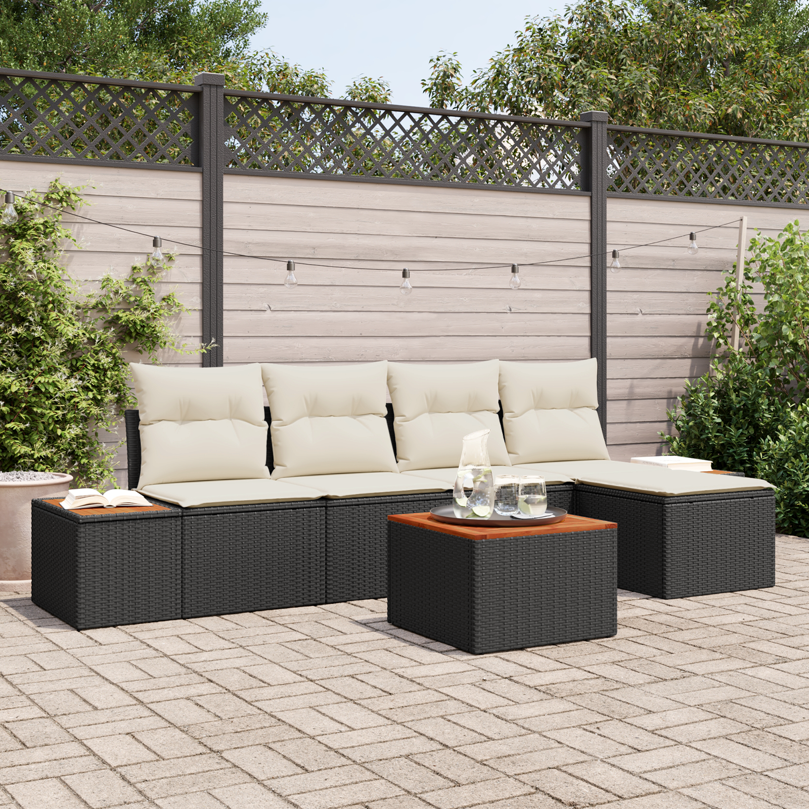 Set divano da giardino 6 pezzi con cuscini Nero Polyrattan Acacia