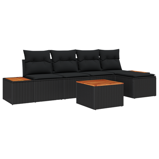 Set divani giardino  6 pezzi con cuscini nero polyrattan acacia