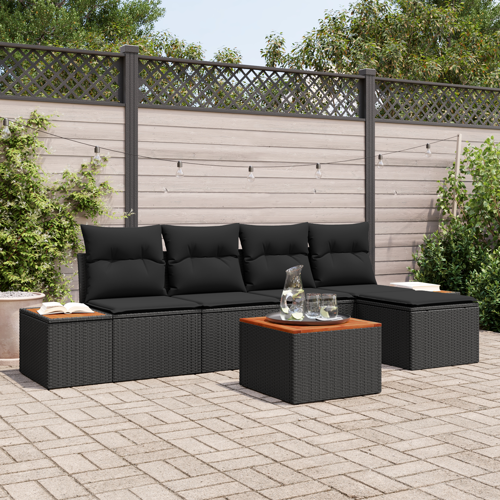 Set divani giardino  6 pezzi con cuscini nero polyrattan acacia