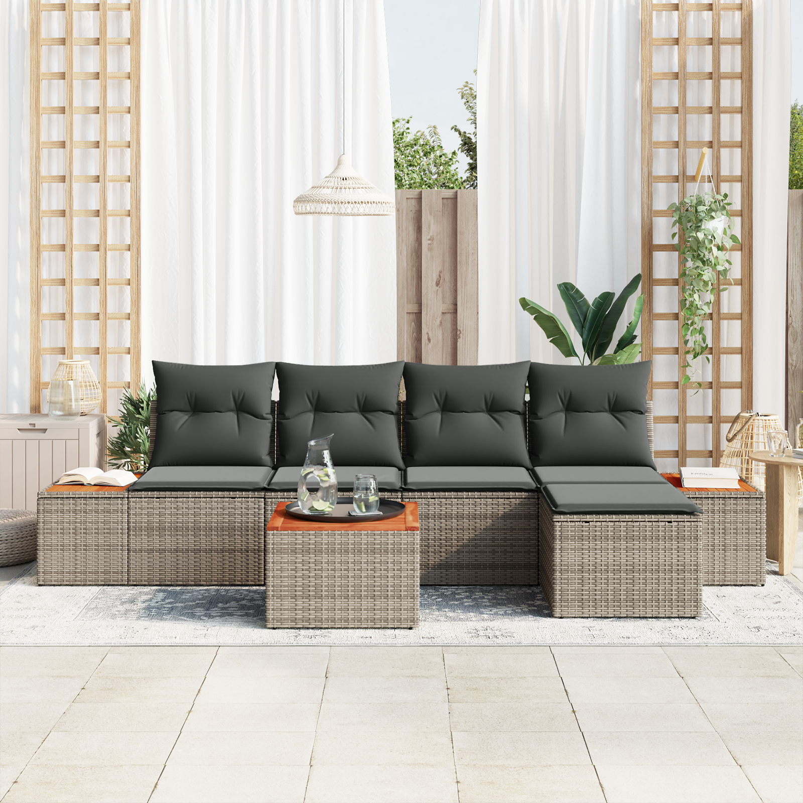 Set divano da giardino 6 pezzi con cuscini grigio polyrattan