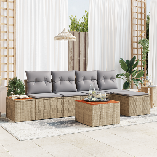 Set Divano da Giardino a 6 Pezzi con Cuscini - Polyrattan Beige Acacia