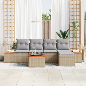 Set Divano da Giardino a 6 Pezzi con Cuscini - Polyrattan Beige Acacia