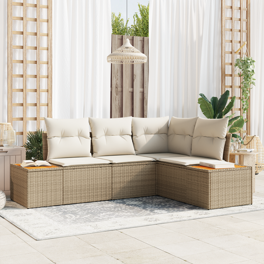 Set divani giardino 4 pezzi con cuscini beige in polyrattan e acacia