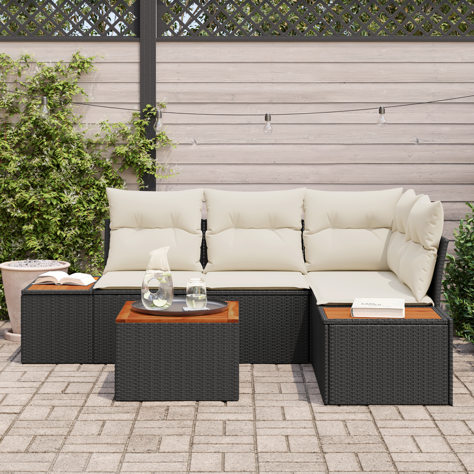 Set di divani da giardino  5 pezzi con cuscini Polyrattan Nero Acacia