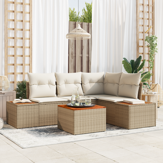 Set Divano da Giardino 5 Pezzi con Cuscini Beige Rattan Polietilene Acacia