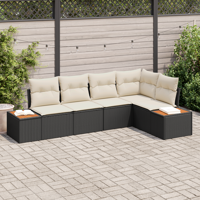 Set divano da giardino 5 pezzi con cuscini - Polyrattan nero e acacia