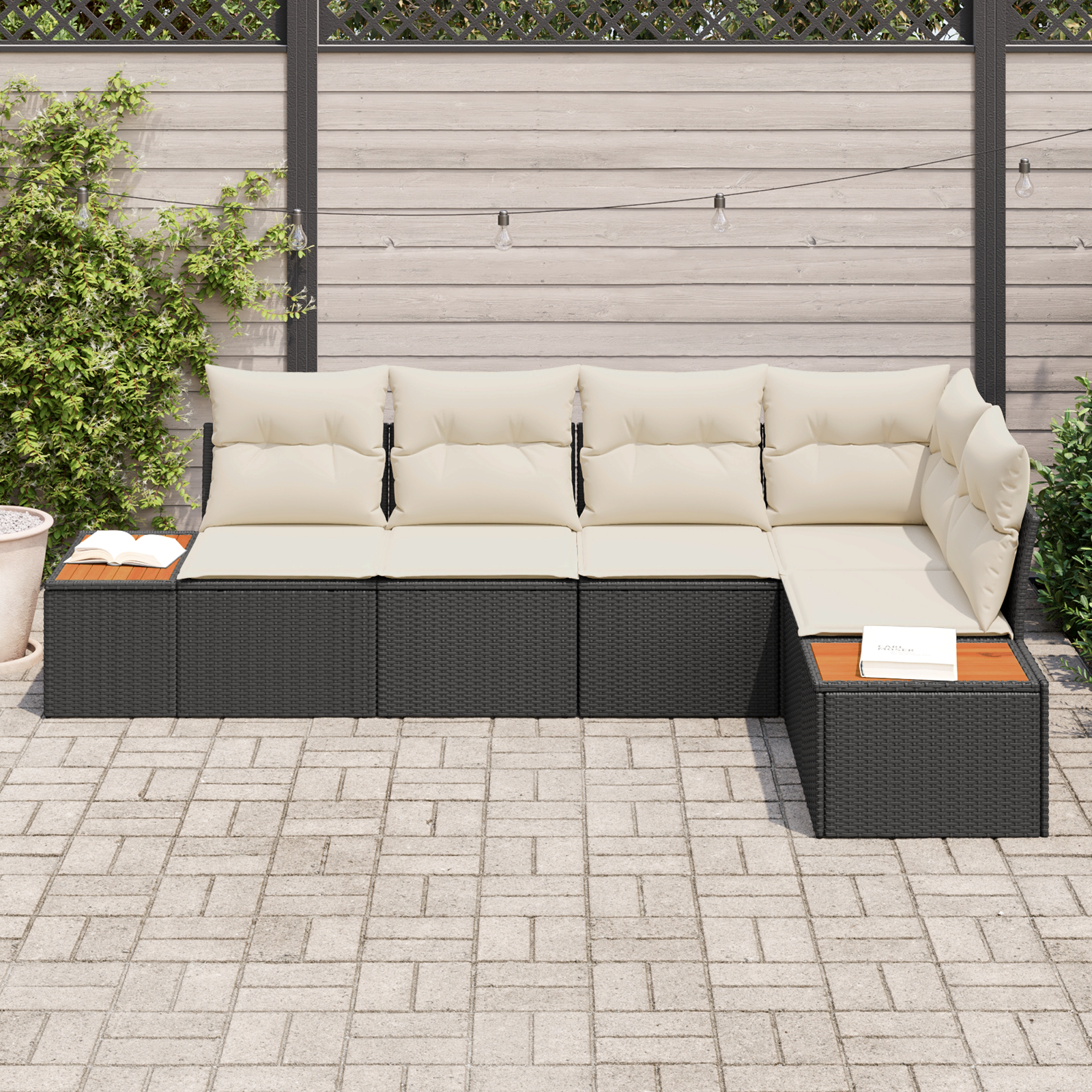 Set divano da giardino 5 pezzi con cuscini - Polyrattan nero e acacia