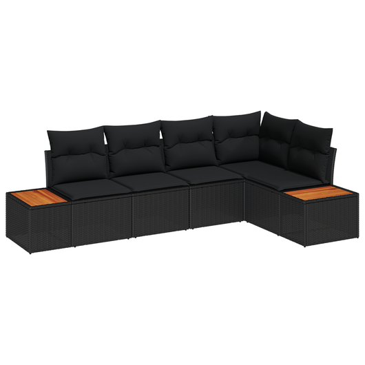 Set di 5 Pezzi Divano da Giardino con Cuscini Nero Polyrattan Acacia