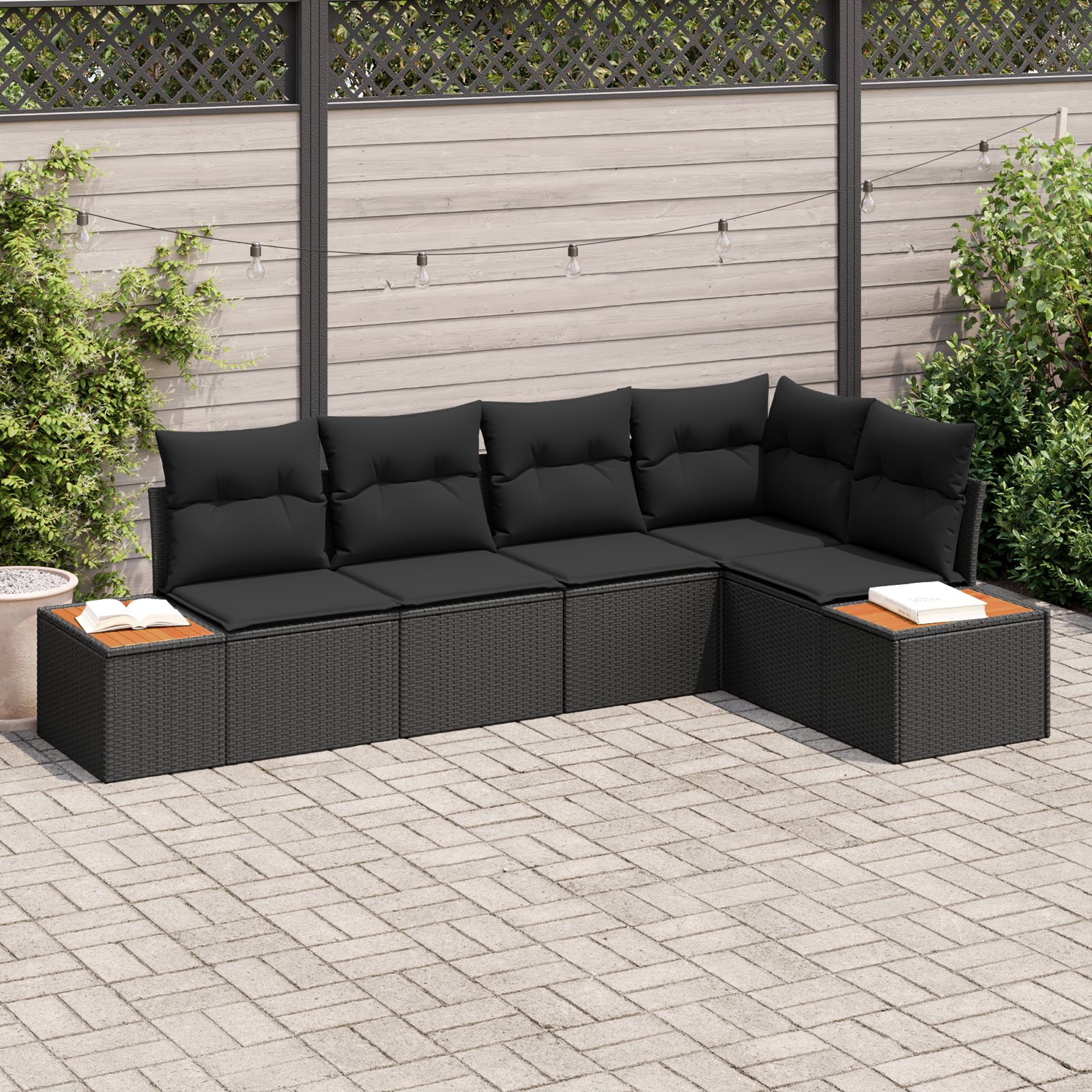 Set di 5 Pezzi Divano da Giardino con Cuscini Nero Polyrattan Acacia